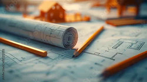 Obraz Close-up of architectural blueprints, house and apartment project, real estate concept.