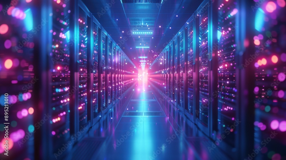 A futuristic data center filled with network devices, illuminated by vibrant blue and pink neon lights, creating a high-tech and visually captivating atmosphere. A futuristic data center filled with network devices, illuminated by vibrant blue and pink neon lights, creating a high-tech and visually captivating atmosphere.