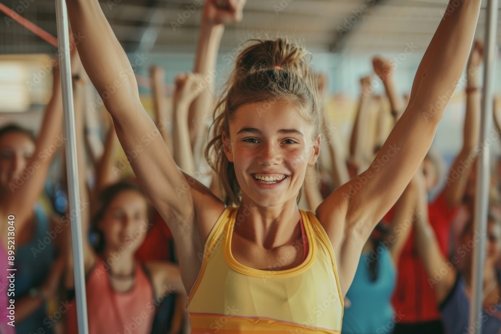 Obraz premium Young Female Athlete Celebrating New Personal Record in Pole Vault at Outdoor Sports Event