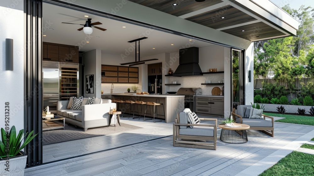 Fototapeta premium Outdoor patio with open kitchen and sliding doors