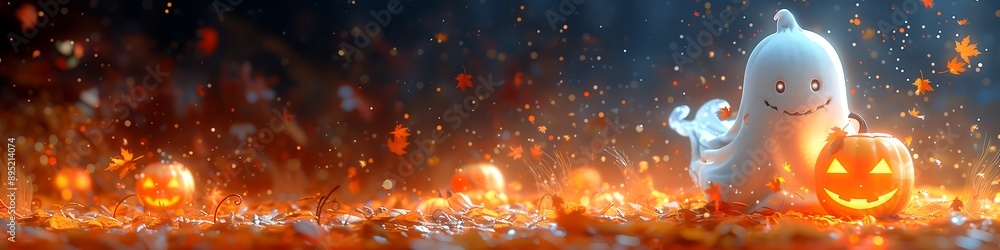 Banner with cute ghost character, Halloween decoration, copy space, 3d style. Generative AI. Banner with cute ghost character, Halloween decoration, copy space, 3d style. Generative AI.