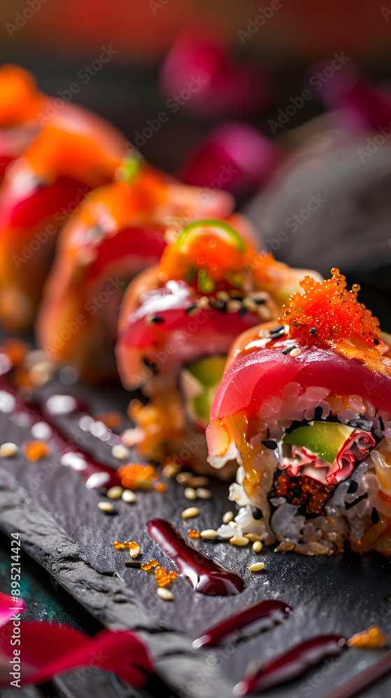 Close-Up of a Freshly Prepared Sushi Roll with Artistic Presentation Studio Lighting Close-Up of a Freshly Prepared Sushi Roll with Artistic Presentation Studio Lighting