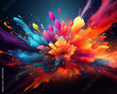 esplosione colorata di energia, vibrante e con colori vivaci, creando figure su uno sfondo blu. I colori variano dai blu viola arancione rosa verde e gialli brillanti