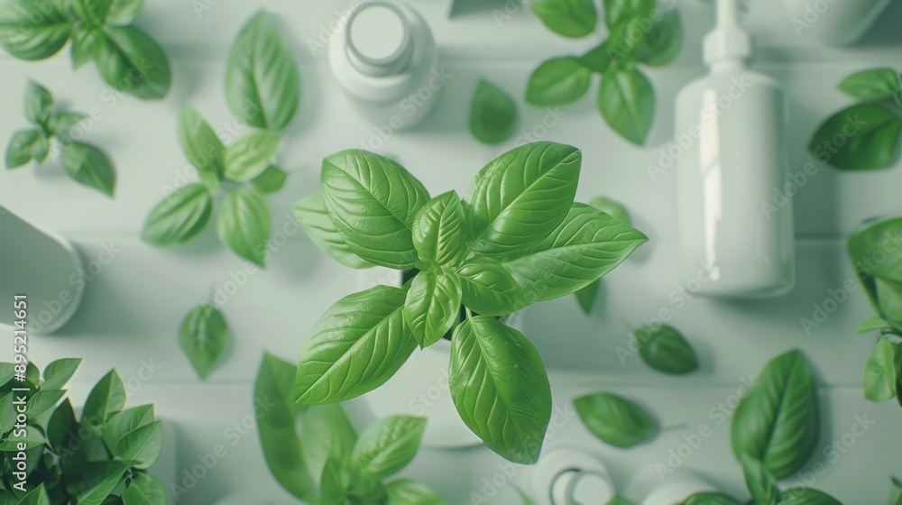 A fresh, green scene featuring various leaves and white containers arranged neatly on a white background, creating an organic and clean aesthetic. A fresh, green scene featuring various leaves and white containers arranged neatly on a white background, creating an organic and clean aesthetic.