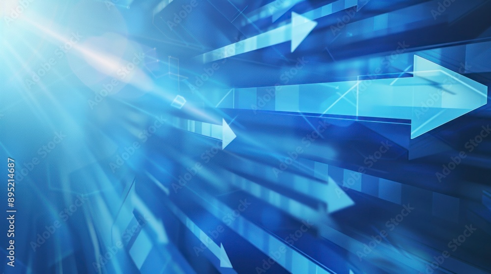 Multiple blue arrows pointing right, with light rays on a futuristic blue background. Concept of progress and direction Multiple blue arrows pointing right, with light rays on a futuristic blue background. Concept of progress and direction