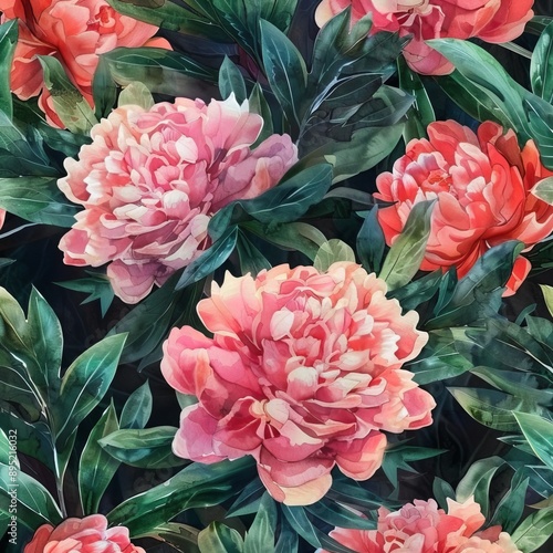This watercolor seamless pattern of peony and blosom flowers is suitable for wedding invitations, valentines cards, and other printed projects.