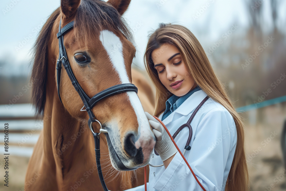 Obraz premium A woman in a white lab coat is examining a horse