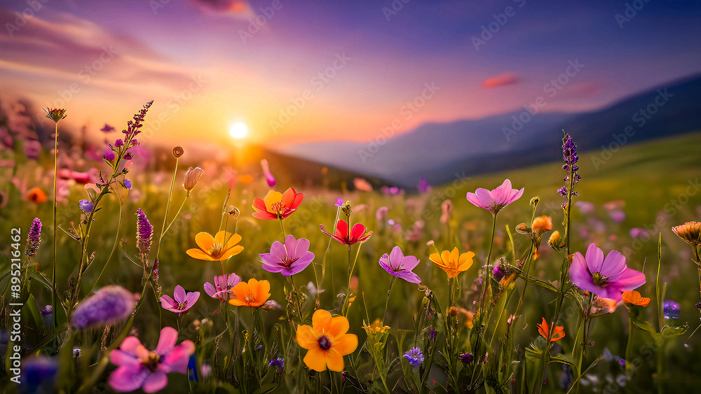 Wildflowers in a Meadow at Sunset. Wildflowers in a Meadow at Sunset.