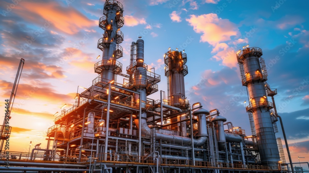 A panoramic view of a petrochemical plant with large pipelines and towers, set against a vibrant evening sky with colorful clouds. A panoramic view of a petrochemical plant with large pipelines and towers, set against a vibrant evening sky with colorful clouds.