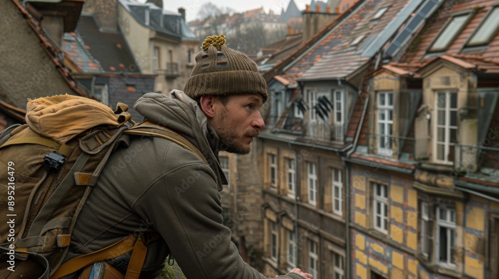 A construction worker in a brown jacket and knit beanie stands on a high rooftop, overlooking a cityscape with tall, historic buildings and tiled roofs. A construction worker in a brown jacket and knit beanie stands on a high rooftop, overlooking a cityscape with tall, historic buildings and tiled roofs.