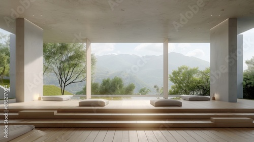 A serene, minimalist living room with an open view of lush greenery and mountains. The room features a simple sofa and wooden flooring, exuding tranquility and modern elegance.