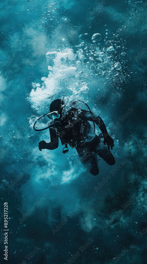 Diver middive with abstract underwater scenery, Olympic, grace under pressure Diver middive with abstract underwater scenery, Olympic, grace under pressure