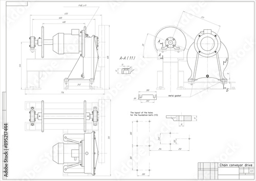 Assembly drawing of reducer. Vector working drawing of steel mechanical device with shaft, gear, 
electric engine, bolted connection and dimension lines. Engineering cad scheme. Technical template. 