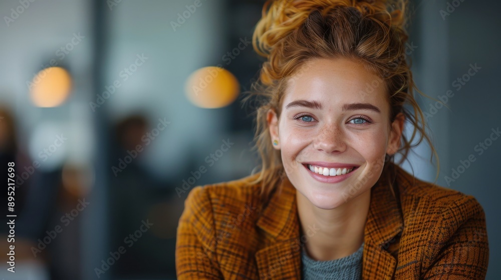 A smiling female manager is focusing on the camera, presumably during an interview or meeting in a modern office setting. A smiling female manager is focusing on the camera, presumably during an interview or meeting in a modern office setting.