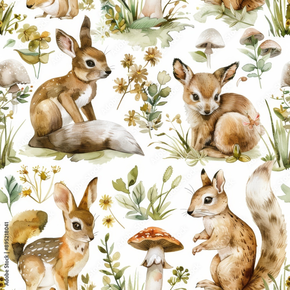 Obraz premium Animated woodland animals watercolor forest illustration by baby seamless pattern