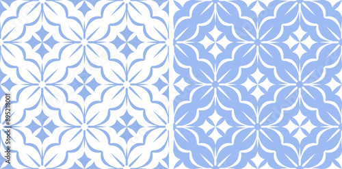 Set of Seamless Geometric Diagonal Checked Light Blue and White Patterns. 
