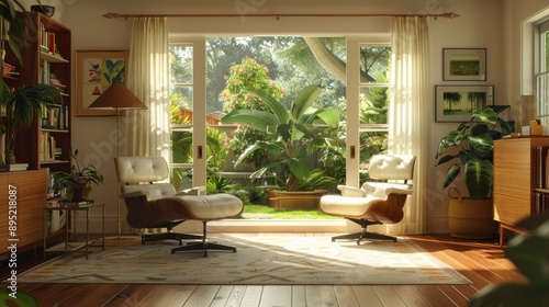 Wallpaper Mural A modern farmhouse interior design of a cozy living room, featuring comfortable chairs, lush greenery, wooden floors, and a large window overlooking a lush garden. Torontodigital.ca