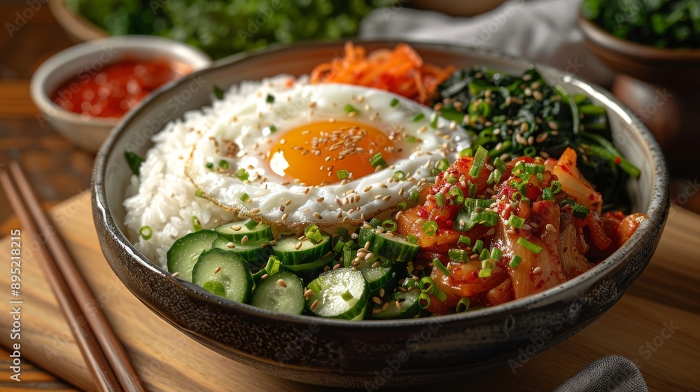 Korean bibimbap with fried egg, rice, vegetables, and kimchi in a bowl. Korean bibimbap with fried egg, rice, vegetables, and kimchi in a bowl.