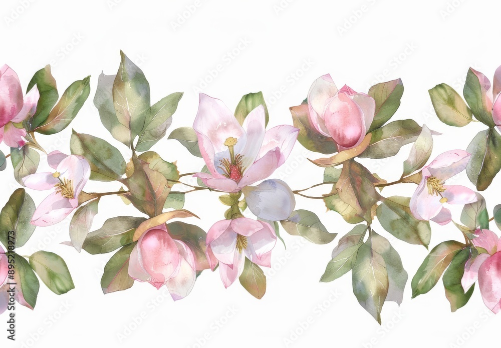 Obraz premium Seamless watercolor border with pink roses, buds, eucalyptus leaves, and a transparent background. Use for wedding stationery, card prints, textiles.