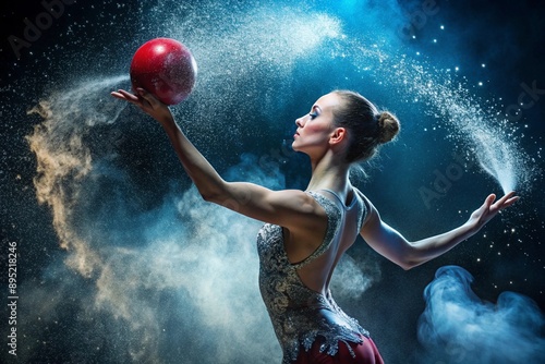 Rhythmic gymnastics close-up of a beautiful gymnast with a ball in the spotlight. An Olympic sport. photo