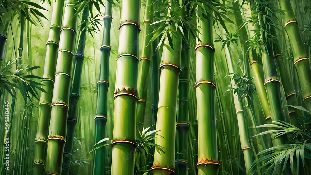 Obraz premium Tall tropical bamboo wall mural painted art. Generative AI