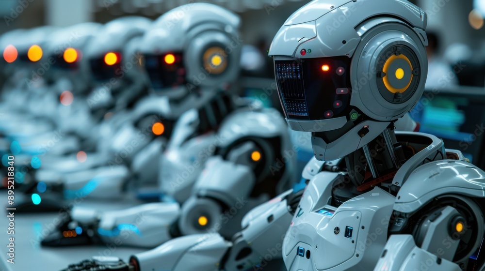 Rows of advanced robots working in unison at computer monitors in a high-tech setting, showcasing futuristic, synchronized robotics. Rows of advanced robots working in unison at computer monitors in a high-tech setting, showcasing futuristic, synchronized robotics.
