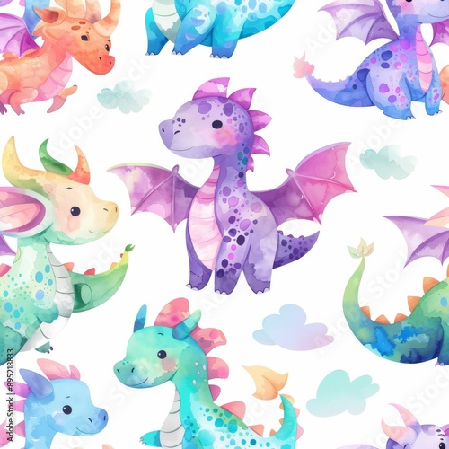 Wallpaper Mural Hand drawn watercolor seamless pattern with cute dragons. Torontodigital.ca
