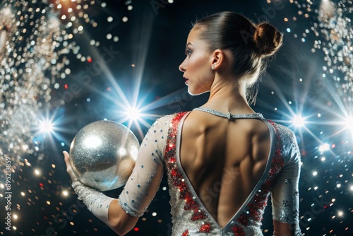 Rhythmic gymnastics close-up of a beautiful gymnast with a ball in the spotlight. An Olympic sport. photo