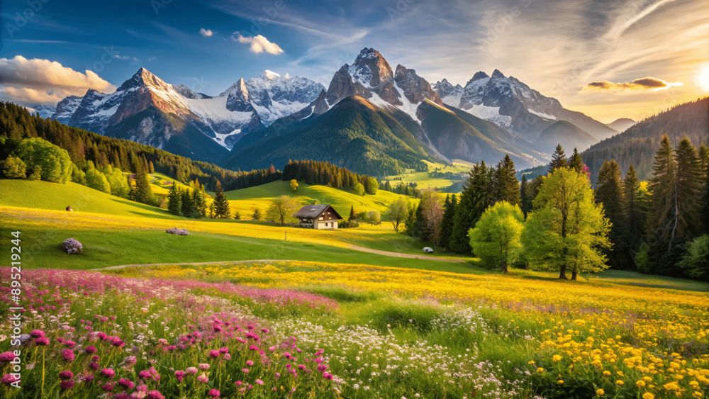 mountain landscape in the Alps with blooming meadows, summer mountain travel mountain landscape in the Alps with blooming meadows, summer mountain travel