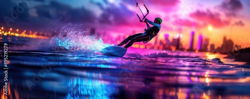 Kitesurfer riding waves with a backdrop of a fluorescentlit cityscape at night, dynamic and glowing