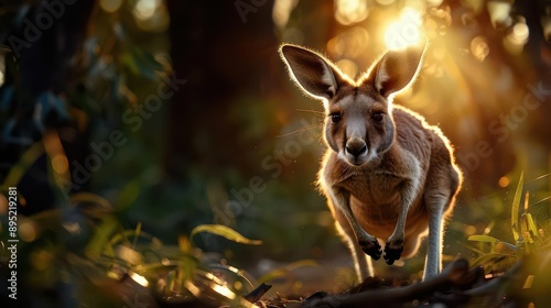 Kangaroo hopping through a cyberenhanced Australian landscape, futuristic wildlife scene photo