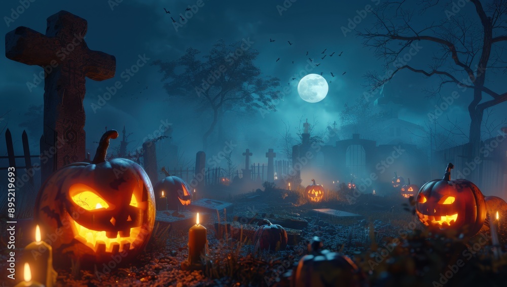 Fototapeta premium Halloween pumpkins and candles in a foggy graveyard at night Halloween background concept Generative AI