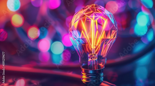 A vibrant photograph of a lightbulb with a geometric pattern and neon glow
