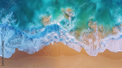 A mesmerizing aerial view of ocean waves crashing onto a sandy beach, displaying turquoise and blue water blending harmoniously. Captures the beauty of nature and coastal serenity.