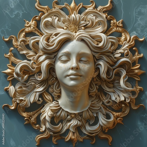 Ornate Golden Sun Face with Celestial Motifs 