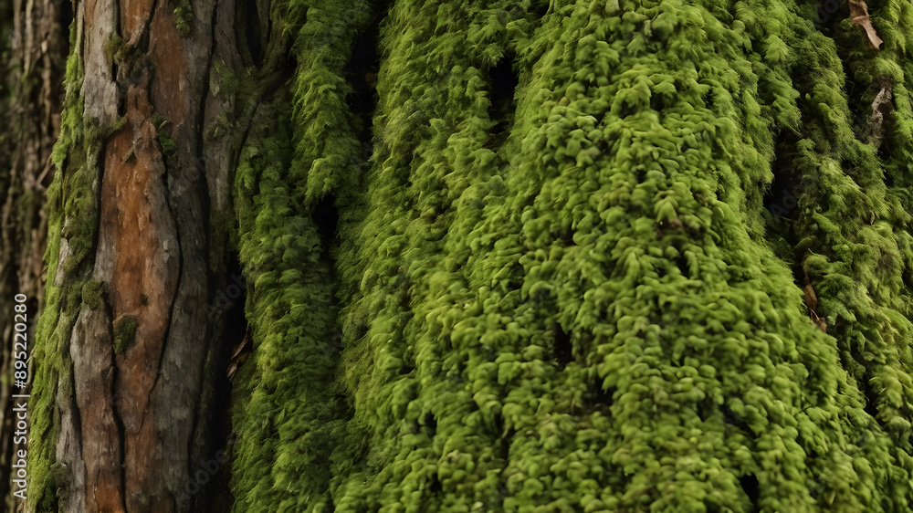 Tree bark close-up showing rough texture and moss. Generative AI Tree bark close-up showing rough texture and moss. Generative AI