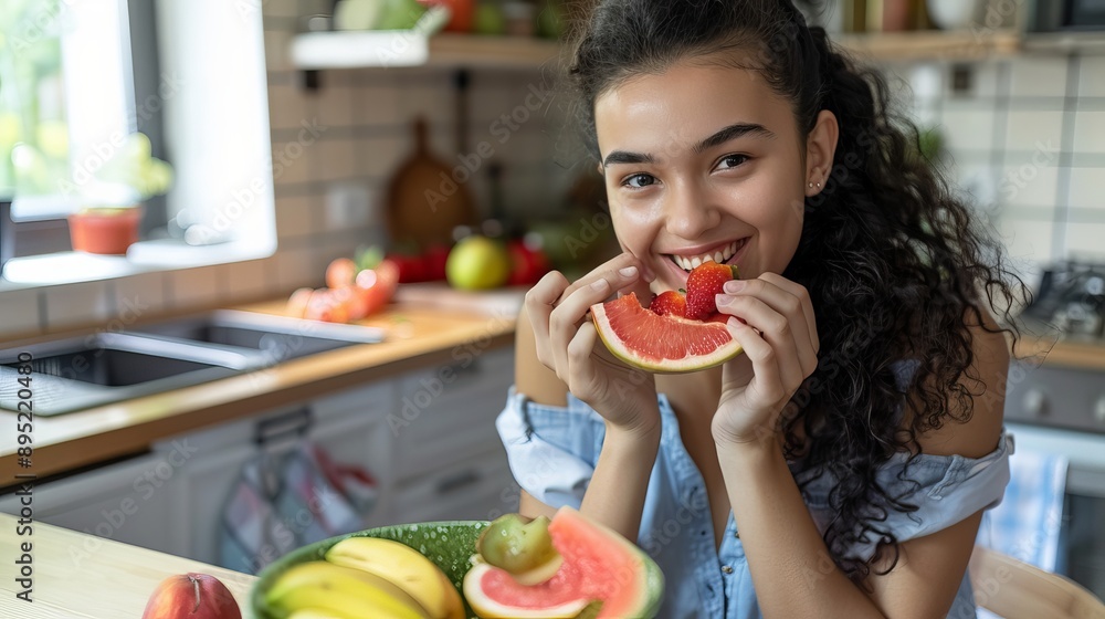 A young and fit Latina woman enjoys eating fruits at the kitchen table. She looks content and healthy, suggesting that eating fruits promotes well-being and weight loss at home. A young and fit Latina woman enjoys eating fruits at the kitchen table. She looks content and healthy, suggesting that eating fruits promotes well-being and weight loss at home.