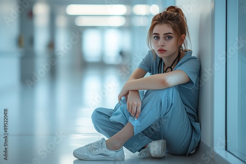 Sad intern girl sitting on the floor in hospital Free Download Sad intern girl sitting on the floor in hospital - GFXLoad