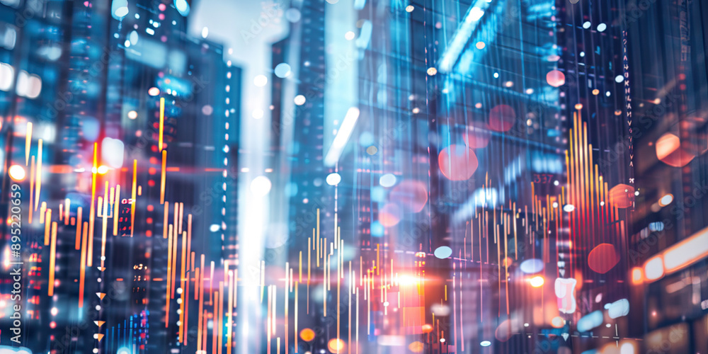 Abstract stock market graph and financial chart on city background with blurry skyscrapers, business concept of financial data Abstract stock market graph and financial chart on city background with blurry skyscrapers, business concept of financial data