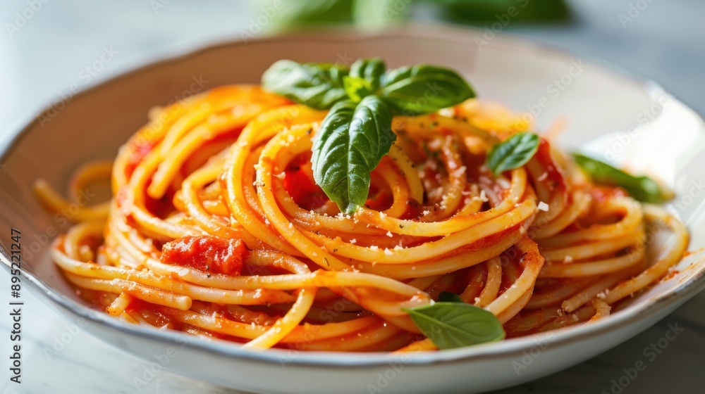 A delicious plate of vegan spaghetti bolognese garnished with fresh basil leaves, presented on a white dish against a blurred background. A delicious plate of vegan spaghetti bolognese garnished with fresh basil leaves, presented on a white dish against a blurred background.