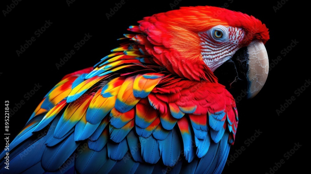 Obraz premium Vibrant image of a red macaw with colorful feathers on a black background. The detailed and sharp artwork highlights the bird's vivid plumage and expressive eyes.