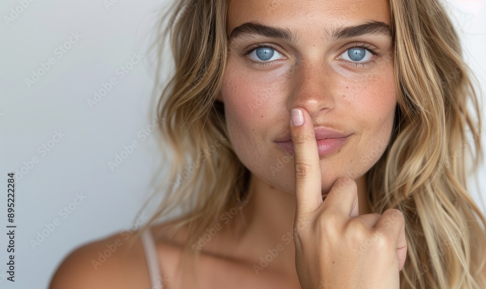 Beautiful Woman Gestures for Silence: Finger to Lips in Subtle Pose Beautiful Woman Gestures for Silence: Finger to Lips in Subtle Pose