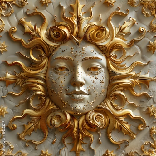 Ornate Golden Sun Face with Celestial Motifs 