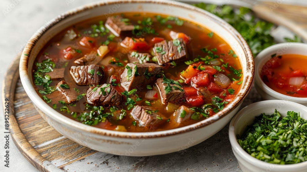 Beef stew with vegetables in a ceramic bowl. Gourmet soup photography. Beef stew with vegetables in a ceramic bowl. Gourmet soup photography.