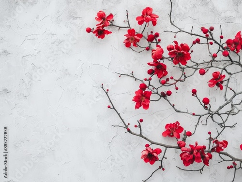 Vibrant red flowers on branches against white textured background for artistic floral design