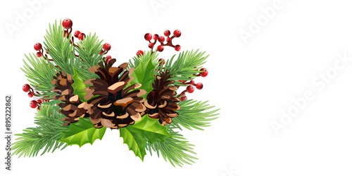 Isolated composition with with fir branches, berries, mistletoe, bows, heart,holly, red berries,Christmas design element