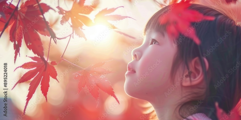 A young girl gazes upward, her face illuminated by the warm glow of the setting sun, as crimson maple leaves dance around her A young girl gazes upward, her face illuminated by the warm glow of the setting sun, as crimson maple leaves dance around her