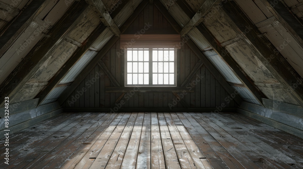 Vacant attic space with window shade Vacant attic space with window shade