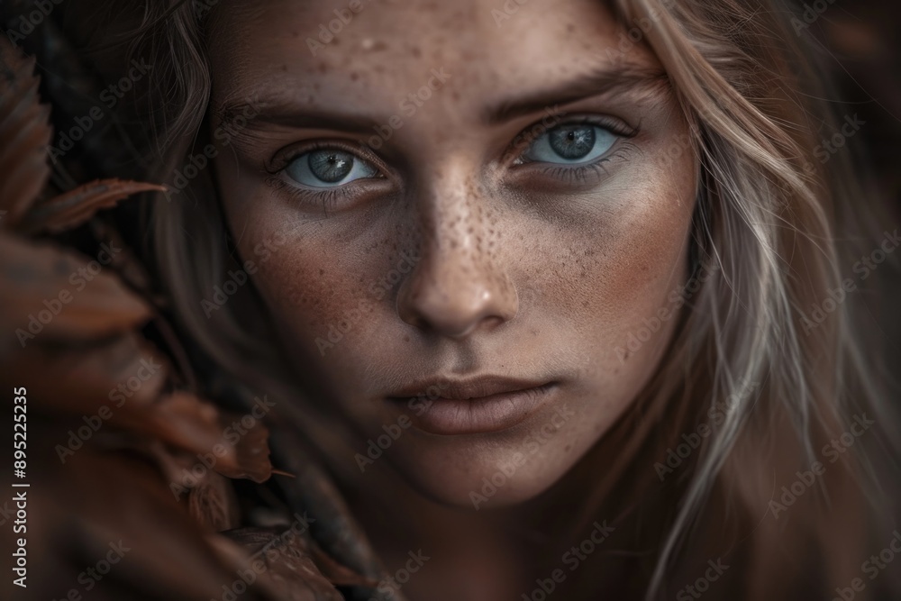 A young woman with blonde hair and freckled skin looks intently at the camera, framed by a blurred background of forest foliage A young woman with blonde hair and freckled skin looks intently at the camera, framed by a blurred background of forest foliage