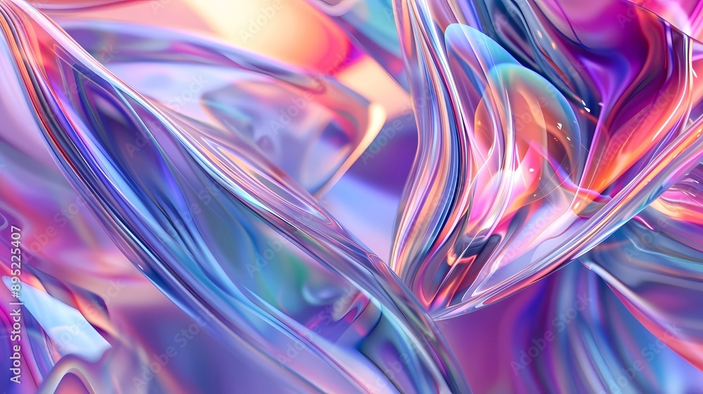 Iridescent Colorful Abstract 3D Render Digital Art of Glass with Fluid and Smooth Curved Shapes and Neon Light Effects, Glossy Soft Light Reflections, Background Iridescent Colorful Abstract 3D Render Digital Art of Glass with Fluid and Smooth Curved Shapes and Neon Light Effects, Glossy Soft Light Reflections, Background